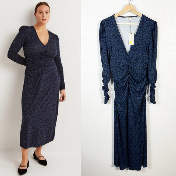 Boden NWT Womens Ruched Jersey Long Sleeve Midi Dress in Mariner Blue Size 10 R - Picture 1 of 11